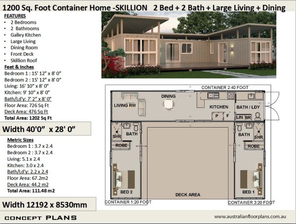 2 Bedroom Container Home: 1200 Combination